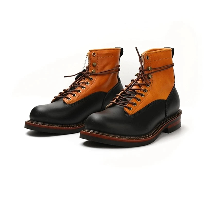 Handmade Vintage British Men Casual Cow Leather Mixed Colors Work Tooling Ankle Motorcycle Boots  -  GeraldBlack.com