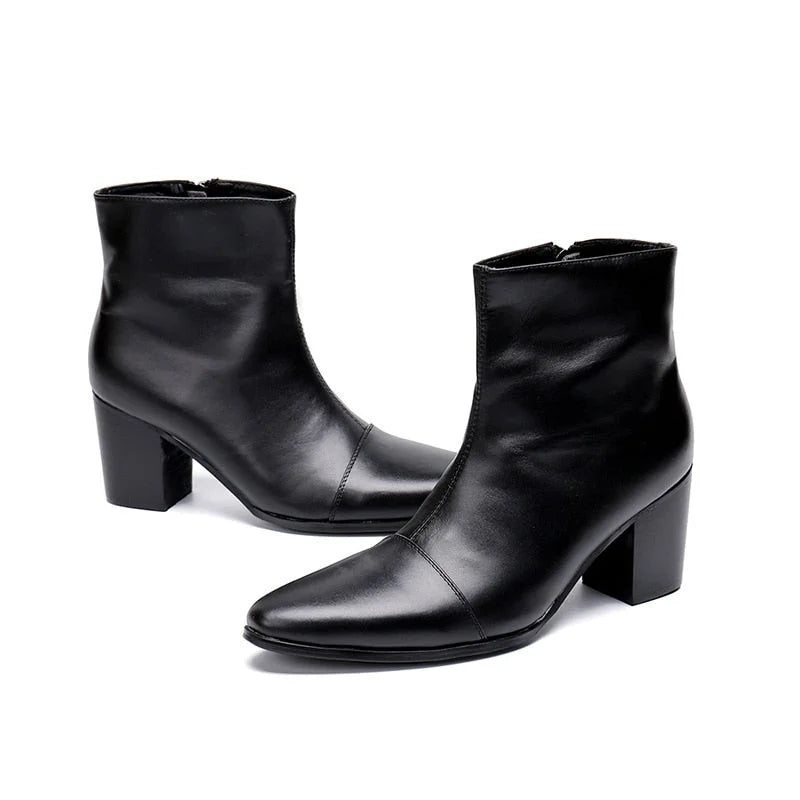 Handsome Men's 7CM High Heels Genuine Leather Ankle Black Knight Boots For Party Wedding  -  GeraldBlack.com