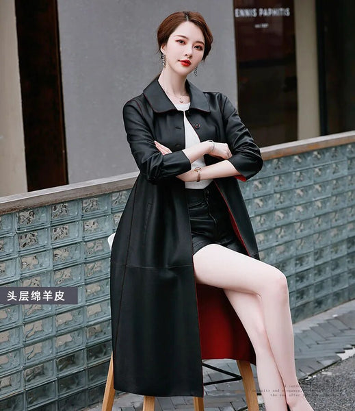 High-end Genuine Leather Women's Spring and Autumn Trench Natural Sheepskin Long Loose Korean Clothes  -  GeraldBlack.com
