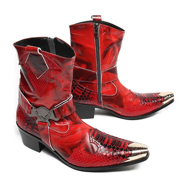 High Heels Metal Toe Red Leather Medium Long Motorcycle Cowboy Party Boots for Men  -  GeraldBlack.com