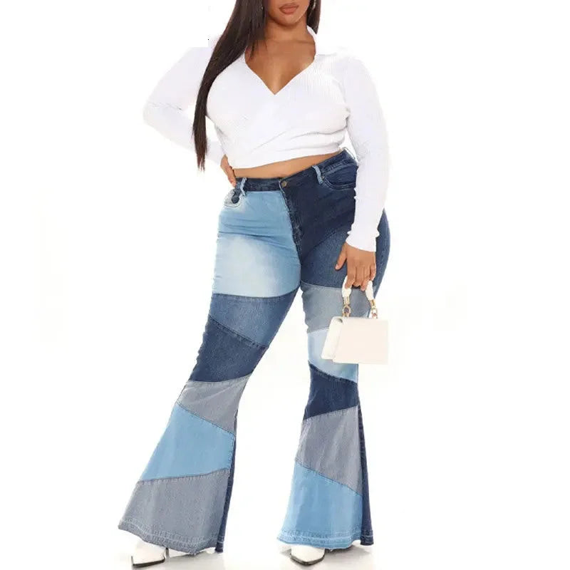 High Waist Contrast Color Patchwork Tight Street Elastic Stretchy Skinny Bell Bottoms Grunge Flared Jeans  Pants  -  GeraldBlack.com