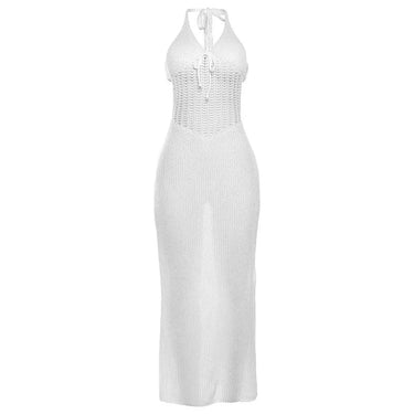 Hollow Knit Halter Backless White Crochet Beach Vacation Long Dresses Outfits for Women Elegant Summer  -  GeraldBlack.com