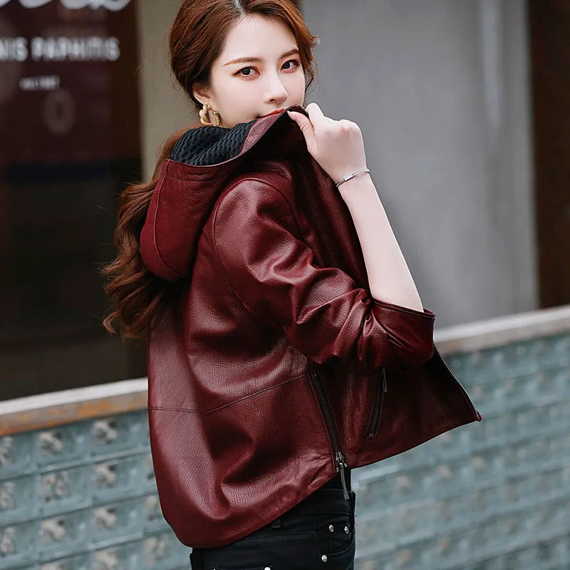 Hooded Genuine Leather Women High-end Sheepskin Short Motorcycle Street Korean Leather Jacket  -  GeraldBlack.com