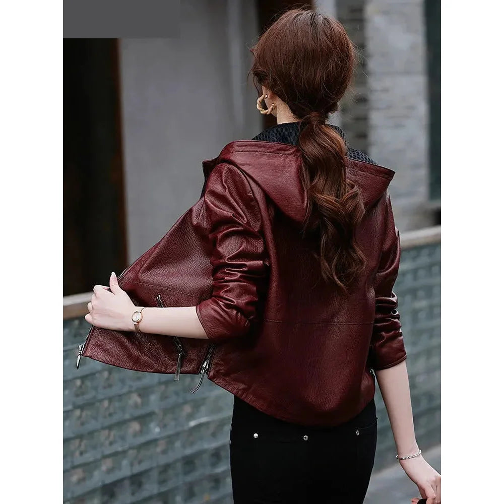 Hooded Genuine Leather Women High-end Sheepskin Short Motorcycle Street Korean Leather Jacket  -  GeraldBlack.com