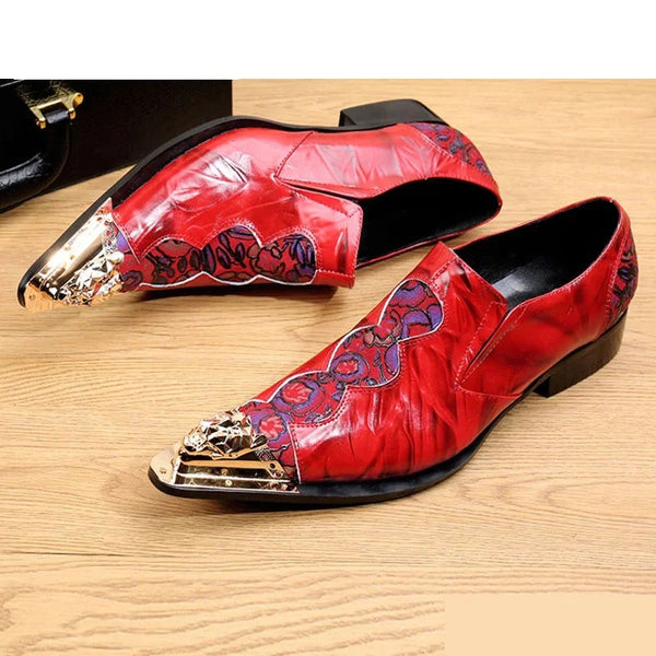 Italian Fashion Men's Genuine Leather Red Pointed Iron Toe Business Office Wedding Dress Shoes  -  GeraldBlack.com