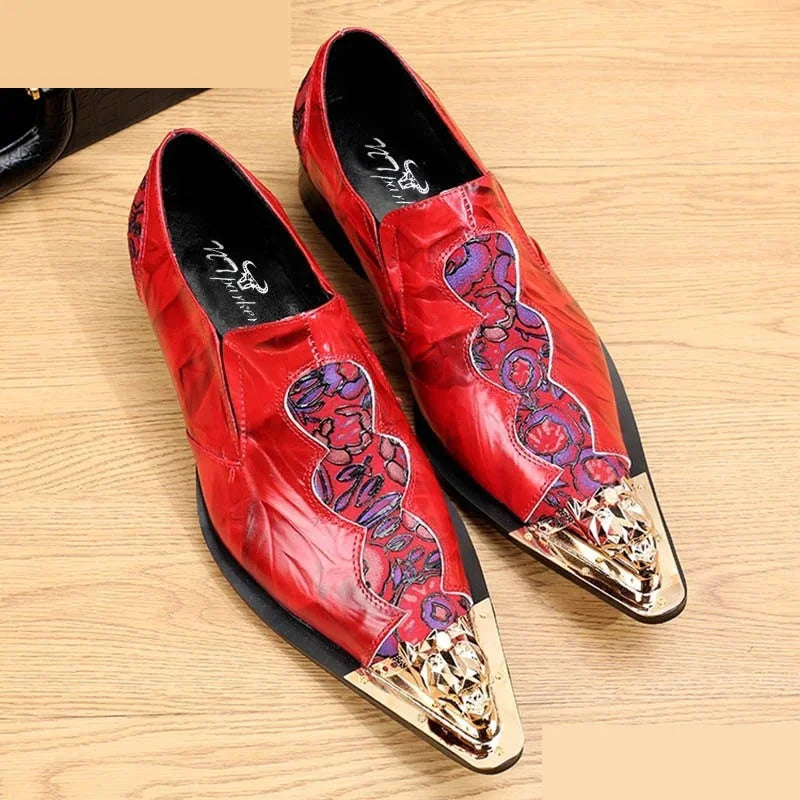 Italian Fashion Men's Genuine Leather Red Pointed Iron Toe Business Office Wedding Dress Shoes  -  GeraldBlack.com