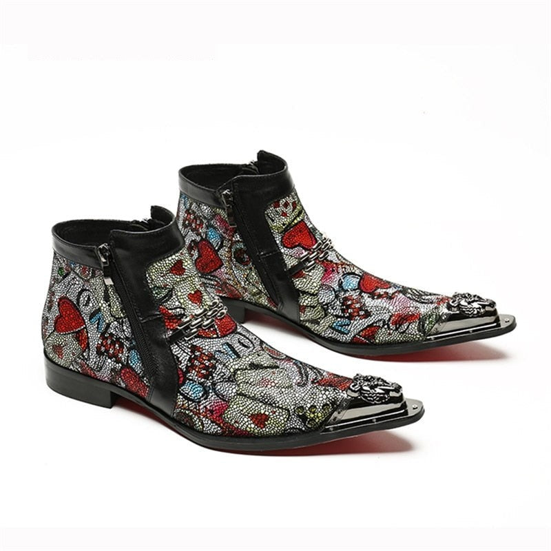 Italian Style Handmade Men Colorful Pointed Iron Toe Designer Short  Leather Zipper High Help Boots  -  GeraldBlack.com