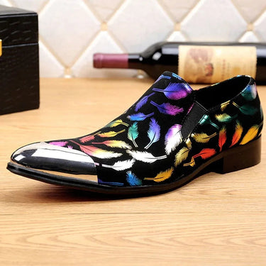 Italian Style Men's Black Suede with Colorful Print Feathers Gold Silver Point Metal Toe Dress Shoes  -  GeraldBlack.com