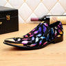Italian Style Men's Black Suede with Colorful Print Feathers Gold Silver Point Metal Toe Dress Shoes  -  GeraldBlack.com