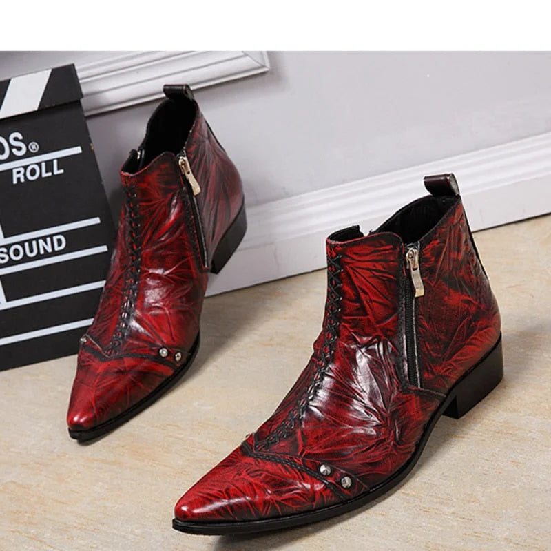 Italy Type Men Leather Zip Pointed Toe Red Party and Wedding Ankle Boots Hombre EU38-46  -  GeraldBlack.com