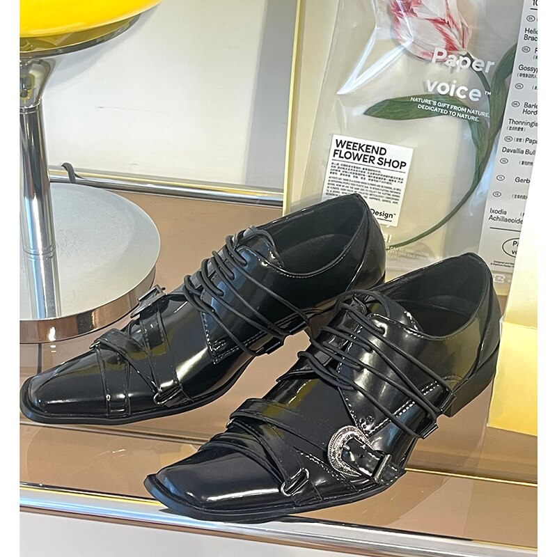 Japanese Style Handmade Men's Small Square Toe Lace-up Straps Bronze Leather Dress Party and Wedding Shoes  -  GeraldBlack.com