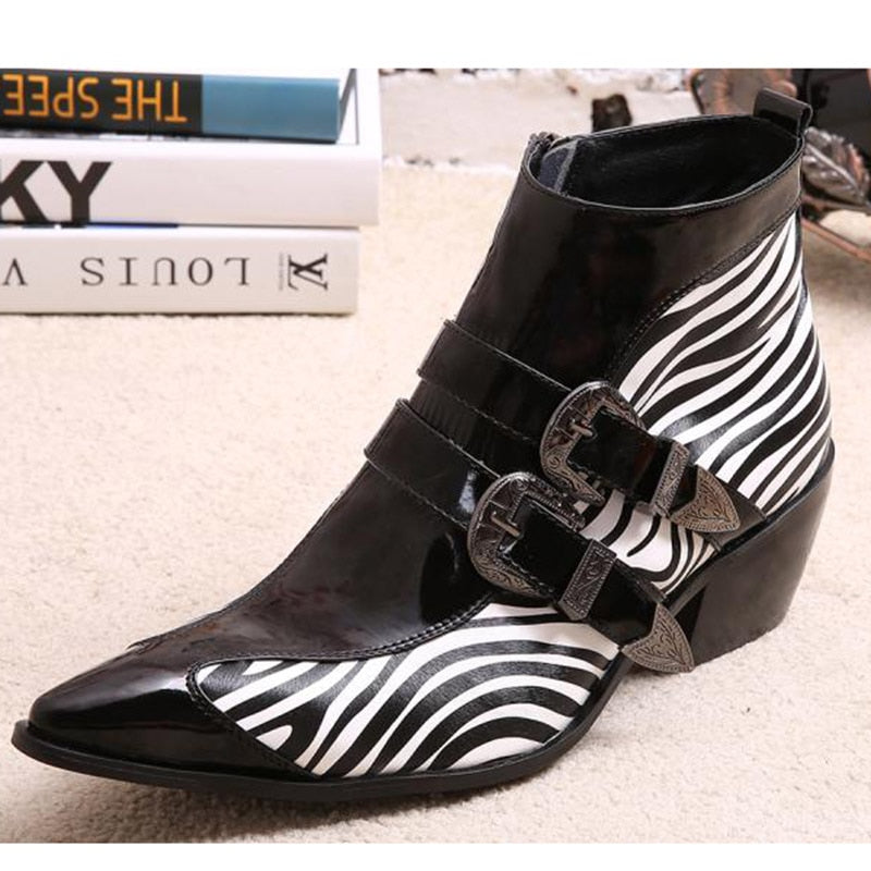 Japanese Type Men 6.5cm Heels Pointed Toe Buckle Leather Zebra Strip Pattern Leather Ankle Boots  -  GeraldBlack.com