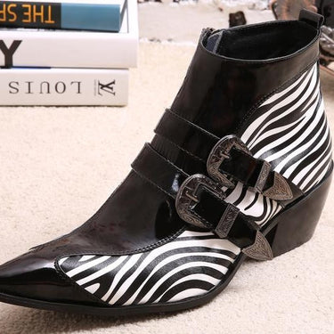 Japanese Type Men 6.5cm Heels Pointed Toe Buckle Leather Zebra Strip Pattern Leather Ankle Boots  -  GeraldBlack.com