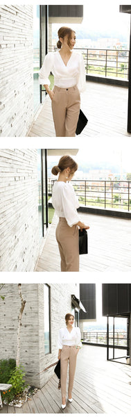 Korean Office Women Temperament Formal Belt Coat Jacket Blazer Commute Trousers Pants Slim 2 Piece Suits Set Outfit  -  GeraldBlack.com
