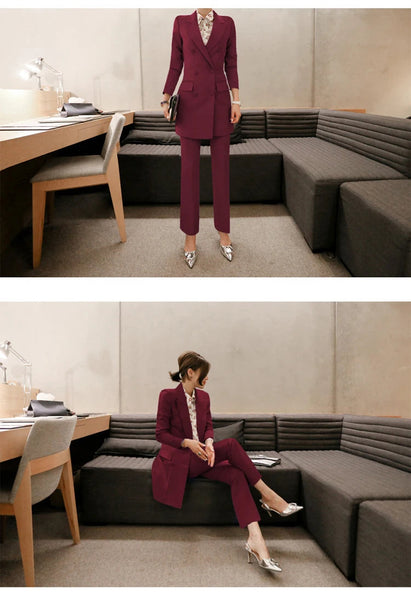 Korean Women Temperament Formal Double Breasted Coat Blazer Suit Slit Pants Trousers Slim 2pcs Suit Sets  -  GeraldBlack.com