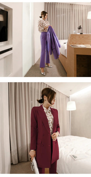 Korean Women Temperament Formal Double Breasted Coat Blazer Suit Slit Pants Trousers Slim 2pcs Suit Sets  -  GeraldBlack.com