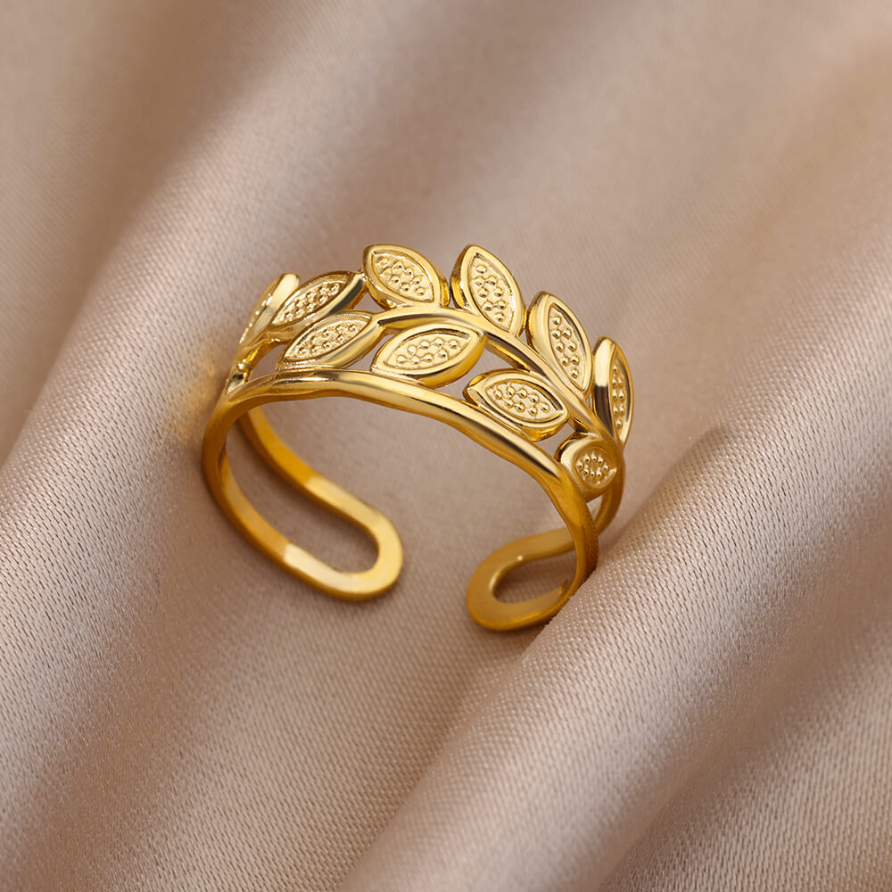 Leaf Design Women's Gold Color Stainless Steel Engagement Wedding Party Finger Ring Jewelry for Gift  -  GeraldBlack.com