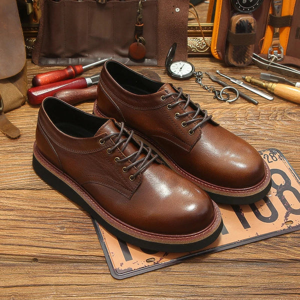 Leisure Men's Autumn Large Round Toe Genuine Leather Retro Lace Up Thick Soles Casual Shoes  -  GeraldBlack.com