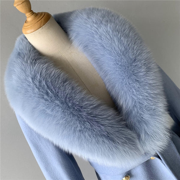Chaqueta larga con cuello de piel de zorro natural de lana de cachemira de invierno gris claro para mujer