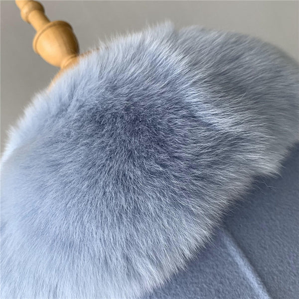 Veste longue en laine de cachemire d'hiver pour femme, gris clair, col en fourrure de renard naturelle