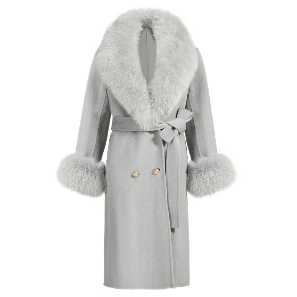 Light Gray Women's Double Faced Winter Slim Long Wool Cashmere Real Fox Fur Collar Cuffs Coat Outerwear  -  GeraldBlack.com