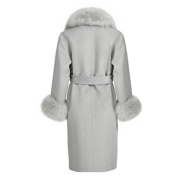 Light Gray Women's Double Faced Winter Slim Long Wool Cashmere Real Fox Fur Collar Cuffs Coat Outerwear  -  GeraldBlack.com