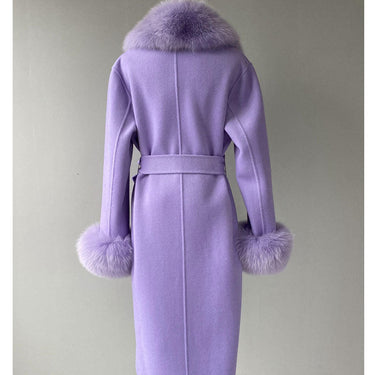 Lilac Color Women's Double Faced Winter Slim Long Wool Cashmere Real Fox Fur Collar Cuffs Coat Outerwear  -  GeraldBlack.com