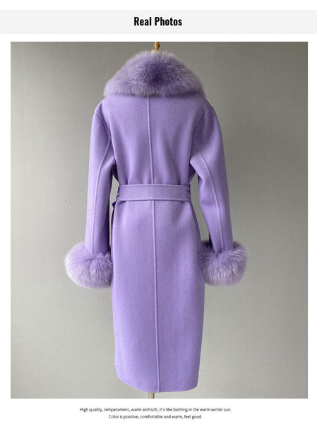 Lilac Color Women's Double Faced Winter Slim Long Wool Cashmere Real Fox Fur Collar Cuffs Coat Outerwear  -  GeraldBlack.com