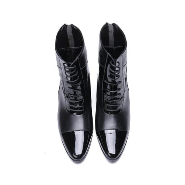 Limited Edition 7cm High Heel Men Short Pointed Toe Black Leather Handsome Lace-up Boots  -  GeraldBlack.com