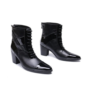 Limited Edition 7cm High Heel Men Short Pointed Toe Black Leather Handsome Lace-up Boots  -  GeraldBlack.com