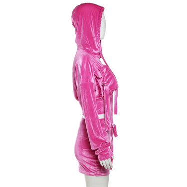 Long Sleeve Pink Velvet Zip Up Hooded Jacket Mini Skirt Two Piece Set for Women Casual Fall Winter Outfits  -  GeraldBlack.com