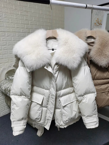 Loose Real Fox Fur Collar White Duck Down Women Winter Luxury Puffer Coat Oversize Feather Outwear winter jacket  -  GeraldBlack.com