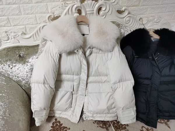 Loose Real Fox Fur Collar White Duck Down Women Winter Luxury Puffer Coat Oversize Feather Outwear winter jacket  -  GeraldBlack.com