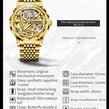 Luxury Automatic Mechanical Gold Stainless Steel Sapphire Mirror Skeleton Hollow Design Watch for Men  -  GeraldBlack.com