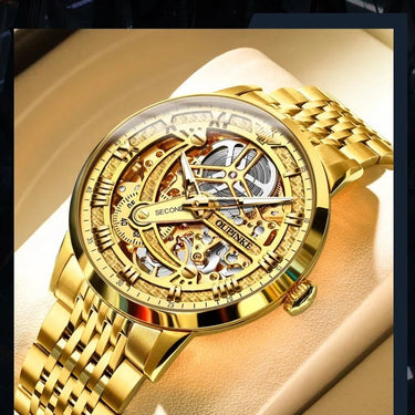 Luxury Automatic Mechanical Gold Stainless Steel Sapphire Mirror Skeleton Hollow Design Watch for Men  -  GeraldBlack.com