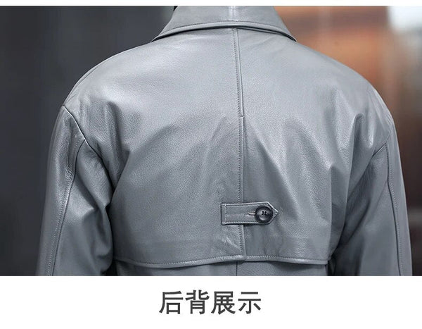 Luxury Cowhide Leather Mens Genuine Leather Windbreaker Medium Long Big Pocket Jacket  -  GeraldBlack.com