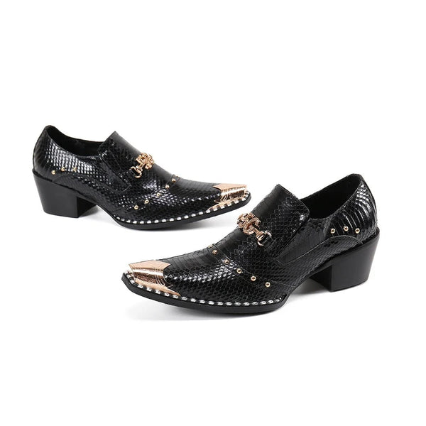 Luxury Handmade Men's Black Leather Pointed Metal Toe 6.5cm High Heels Business Dress Shoes  -  GeraldBlack.com