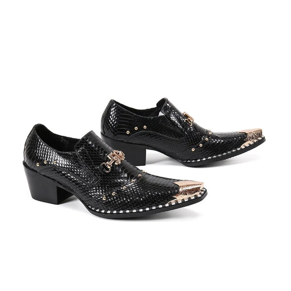 Luxury Handmade Men's Black Leather Pointed Metal Toe 6.5cm High Heels Business Dress Shoes  -  GeraldBlack.com