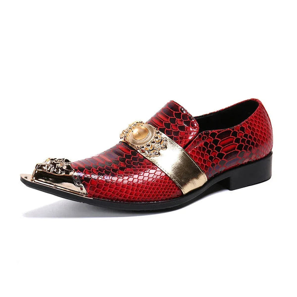 Chaussures de soirée en cuir véritable faites à la main pour hommes avec bout en métal doré