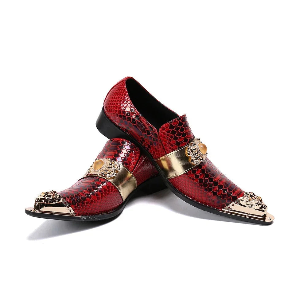 Luxury Handmade Men's Gold Metal Toe Red Genuine Leather Party Wedding Dress Shoes US6-12  -  GeraldBlack.com