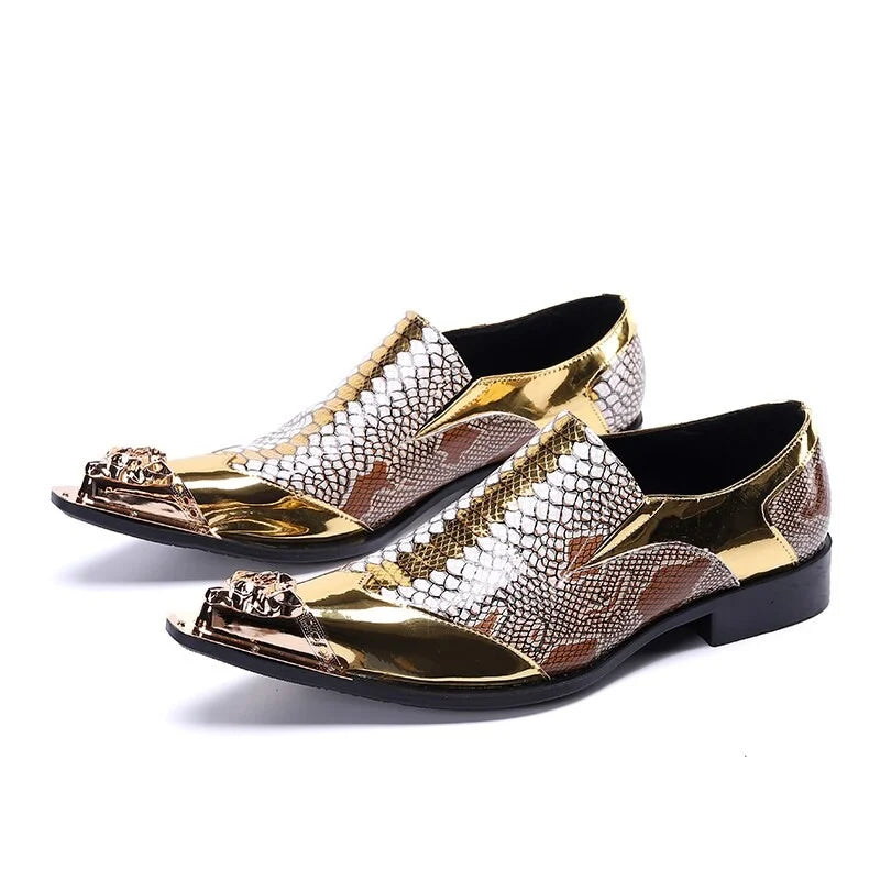 Luxury Handmade Men's Pointed Toe Leather Slip on Gold Dress Shoes for Partry Wedding, EU38-46  -  GeraldBlack.com