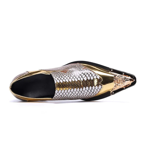 Luxury Handmade Men's Pointed Toe Leather Slip on Gold Dress Shoes for Partry Wedding, EU38-46  -  GeraldBlack.com