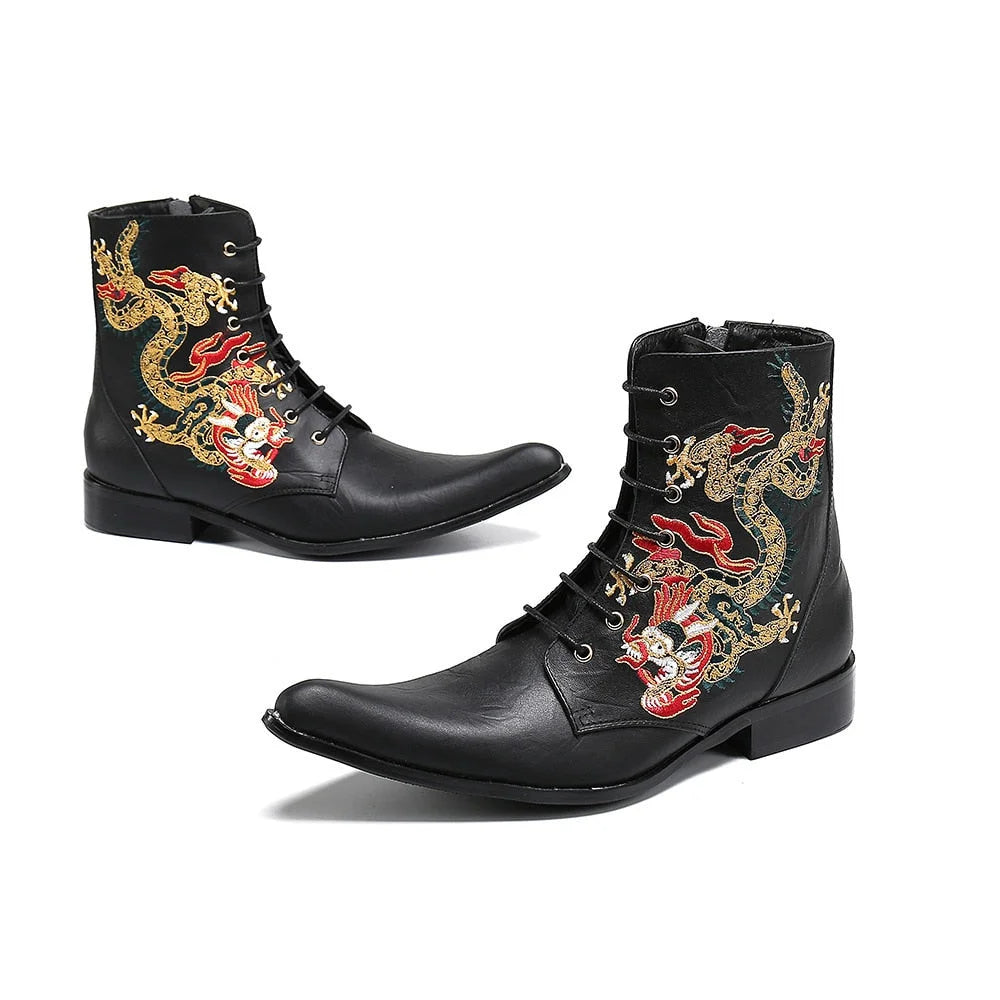 Luxury Handmade Pointed Toe Embroidery Black Leather Motorcycle Biking Ankle Boots  -  GeraldBlack.com