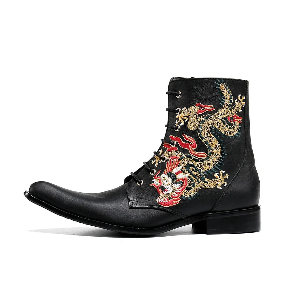 Luxury Handmade Pointed Toe Embroidery Black Leather Motorcycle Biking Ankle Boots  -  GeraldBlack.com