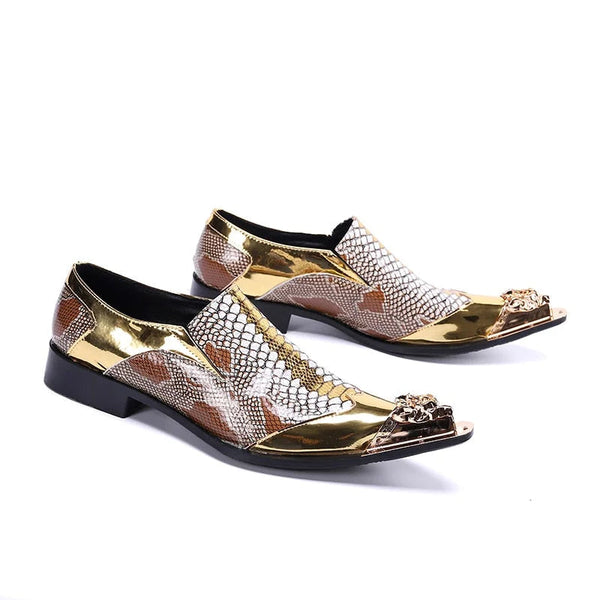 Luxury Handmade Pointed Toe Leather Slip on Gold Oxfords Dress Shoes  for Men Partry/ Wedding EU38-46  -  GeraldBlack.com