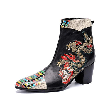 Luxury Men Pointed Toe Hombre embroidery Dragon Genuine Leather 7CM High Heel Party Wedding Boots  -  GeraldBlack.com