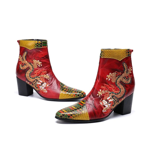 Luxury Men Pointed Toe Hombre embroidery Dragon Genuine Leather 7CM High Heel Party Wedding Boots  -  GeraldBlack.com