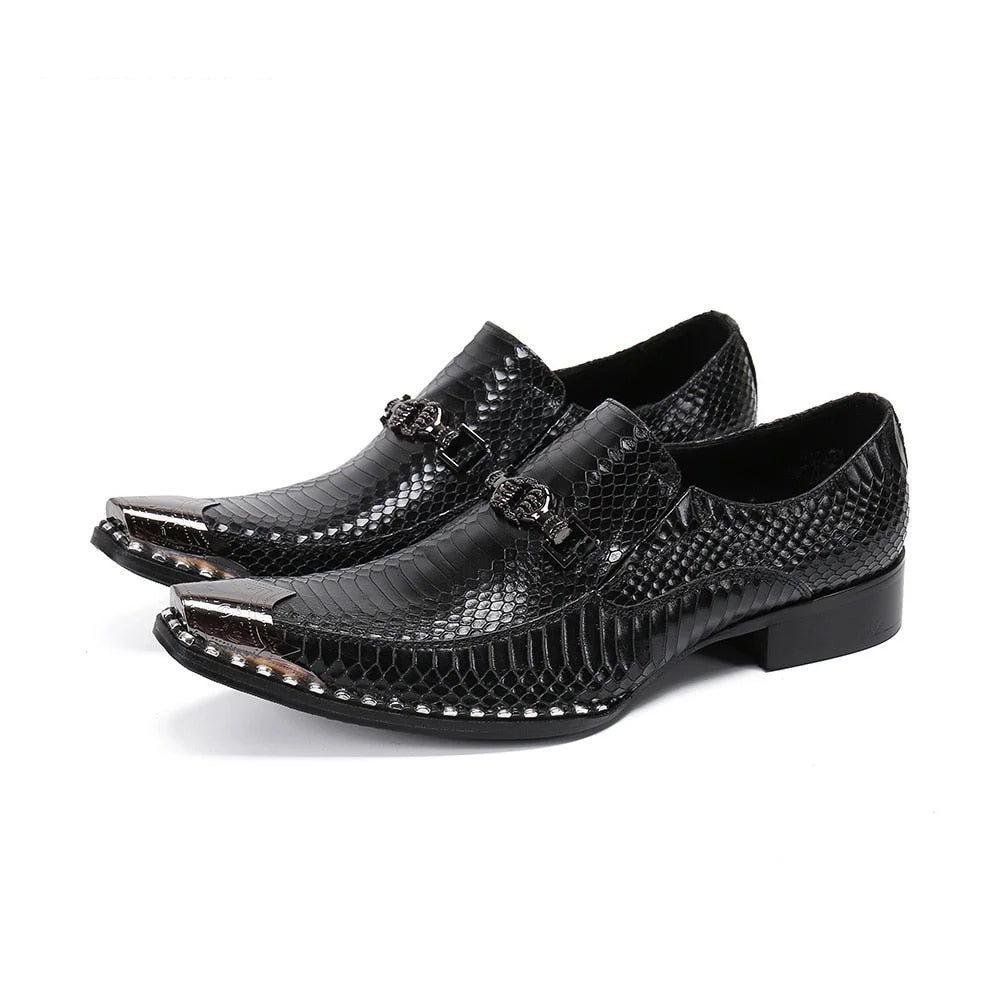 Luxury Men's Black Genuine Leather Metal Toe Business Formal Leather Dress Shoes  -  GeraldBlack.com