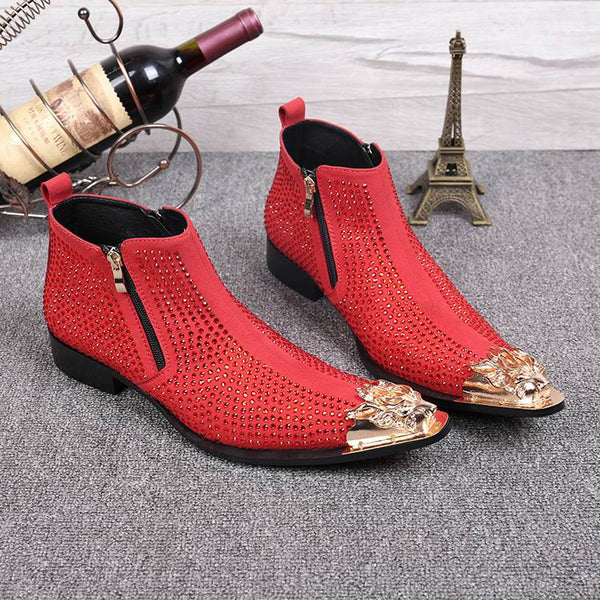 Luxury Men's Black Red Rhinestone Metal Pointed Toe High Suede Leather Zip Ankle Boot  -  GeraldBlack.com