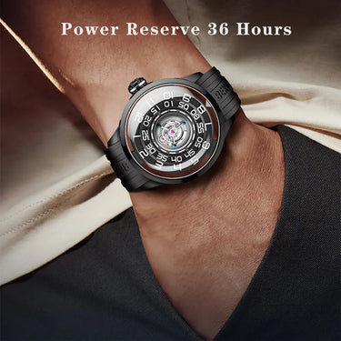 Manual tourbillon mechanical movement skeleton synthetic sapphire wristwatch for men Luxury Reserve 36H waterproof  -  GeraldBlack.com